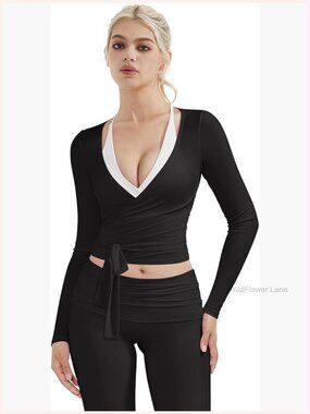 Pilates Wrap Cropped Top Long Sleeve V Neck Tie Front Yoga Shrug Blouse Workout